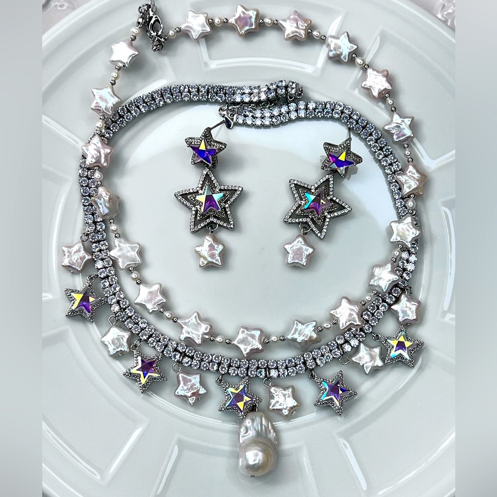 Custom Handmade Premium Freshwater Star ⭐️ Baroque Pearl Necklace Earrings Set